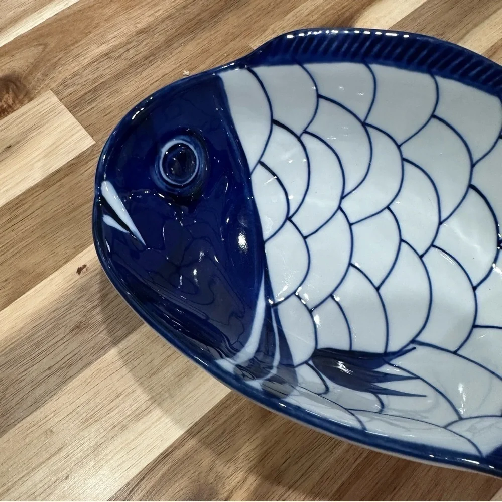 Vintage Dansk Arabesque Fish Dish Blue White MCM Scandinavian Decor